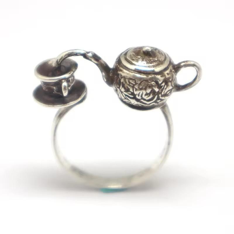 指輪 男女兼用 レトロ ヴィンテージ 個性的 ユニーク ティーポット ティーカップ モチーフ アンティー..