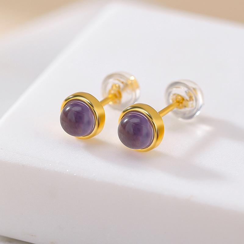 ピアス レディース 925シルバー 天然水晶 紫水晶 ゴールド ラウンド 幾何学 ミニマル ヨーロピアン レトロ アクセサリー カジュアル オフィス 上品 エレガント