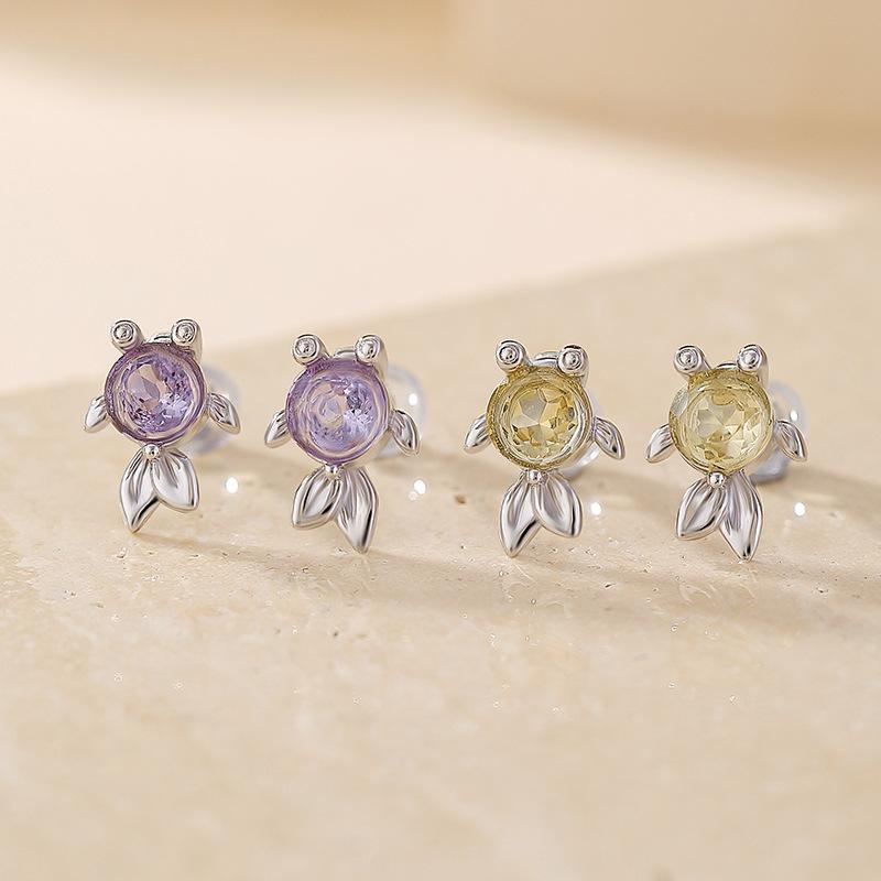 ピアス レディース 女性用 S925純銀 天然水晶 アメジスト シトリン スタッドピアス 金魚モチーフ レトロ アンティークデザイン アクセサリー 上品 おしゃれ かわいい 普段使い お出かけ