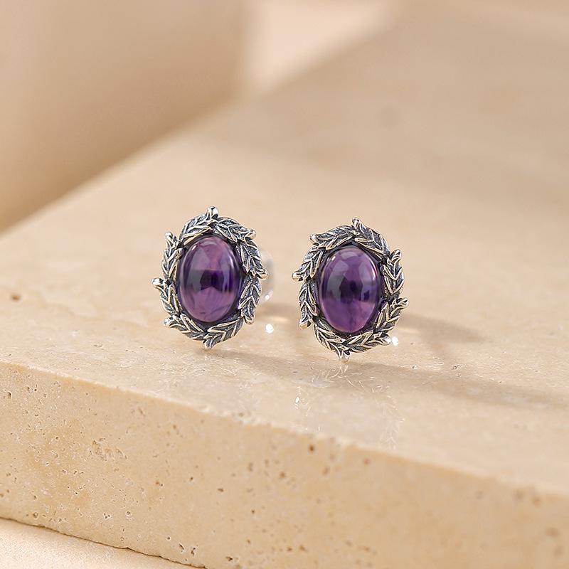ピアス レディース S925 シルバー 天然石 アメジスト 水晶 蔓 植物 ボタニカル 花 葉 オーバル 幾何学 レトロ クラシック