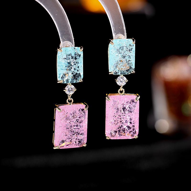 ピアス レディース 女性用 S925シルバーポスト アイスクラック ジルコニア シンプル 幾何学 スクエア 四角 清潔感 エレガント 清楚 ナチュラル ピンク イエロー