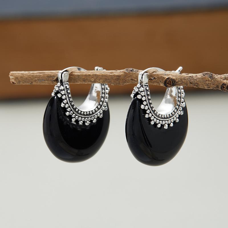 耳飾り レディース 女性用 合金製 電気メッキ加工 ブラック 黒 香港スタイル ターコイズ風 レトロ エレガント 上品 ファッション 通勤 リングピアス フープピアス