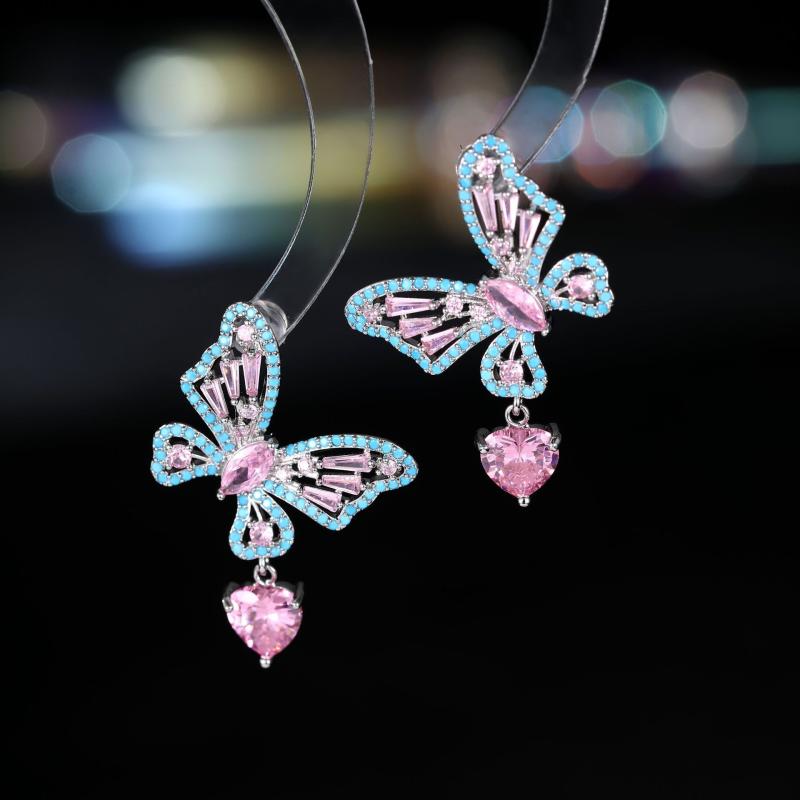 Cubic Zirconia - ピアス レディース エレガント オールシーズン 蝶々 ハート 透かし彫り マイクロパヴェ ジルコニア 高級感 S925シルバーポスト 銅製 電気メッキ加工 かわいい おしゃれ 通勤 ピンク ブルー シルバー
