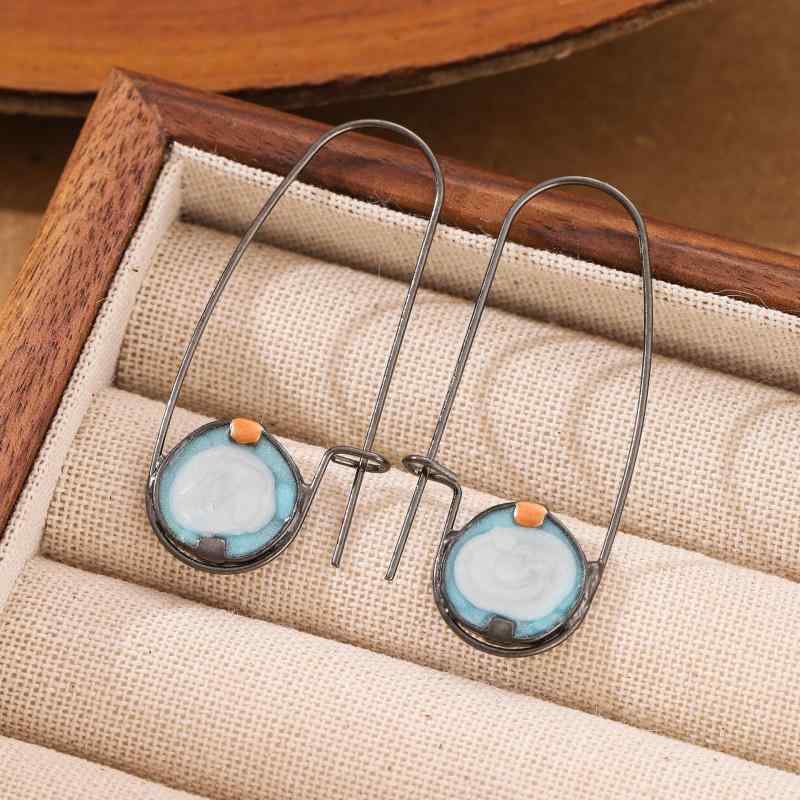 耳飾り レディース ムーンストーン ツートンカラー ライトブルー ラウンド シルバーカラー 合金製 欧米ファッション 個性的 ドロップピアス イヤリング アクセサリー デイリーユース 上品 耳元 ジュエリー