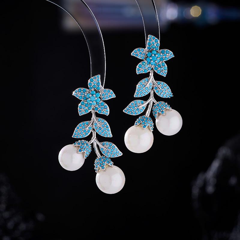 ピアス レディース 銅製 微細 ジルコニア 揺れる 高級感 エレガント リーフモチーフ パール フラワー タッセル ロング ドロップ 個性的 カジュアル 通勤 春夏 ターコイズ ホワイト(4)