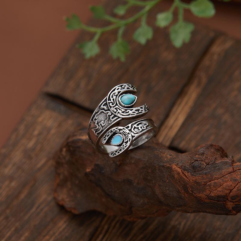 指輪 ユニセックス 欧米風 レトロ ヴィンテージ ボヘミアン エスニック 巻き付けデザイン 月モチーフ ターコイズ 象嵌 ティアドロップ型 フリーサイズ リング 合金製 アンティークシルバー 春夏 普段使い