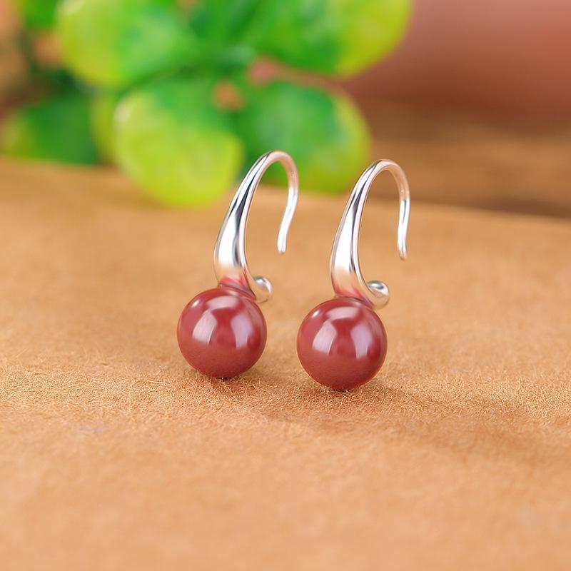 ピアス レディース 925スターリングシルバー 朱砂 帝王砂 レトロ シンプル 丸玉 ラウンドビーズ ドロッ..