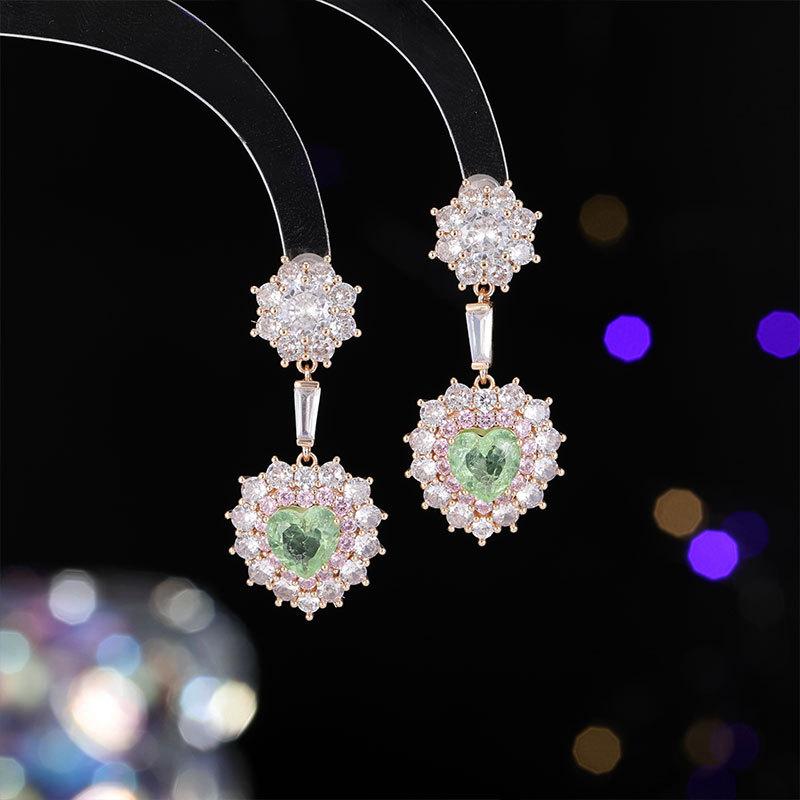 耳飾り レディース ハート フラワー ジルコニア マイクロパヴェ カラフル キャンディーカラー キラキラ 上質 洗練 かわいい フェミニン ピアス イヤリング(4)