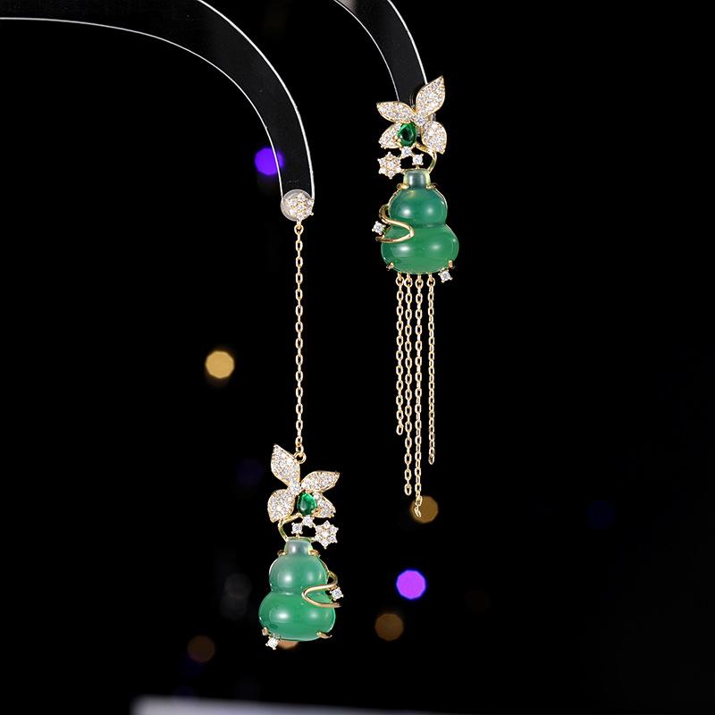 ピアス レディース 女性用 レトロ アンティーク ロング アシンメトリー ひょうたんモチーフ 翡翠風 タッセル ドロップ s925シルバーポスト 銅製 電気メッキ ゴールド プラチナカラー おしゃれ イヤリング