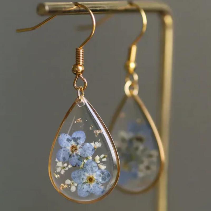 ピアス レディース 女性用 忘れな草 ドライフラワー プリザーブドフラワー レジン 樹脂 透明 ブルー ゴ..