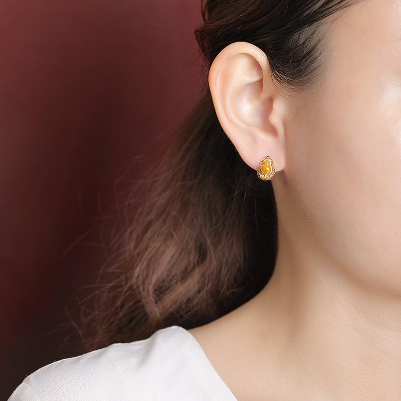 イヤリング ピアス レディース 女性用 925純銀 ゴールドメッキ 和田玉 碧玉 琥珀 瓢箪 透かし細工 レト..