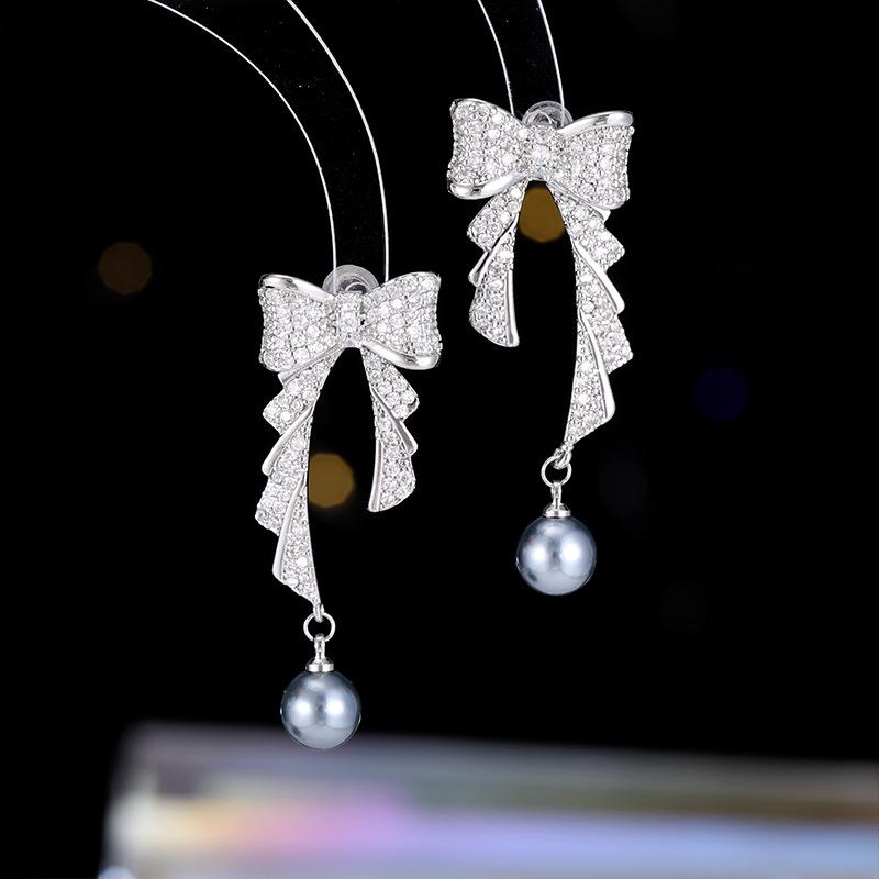 ピアス レディース 春夏 S925ポスト 揺れる ロング リボン パール シンプル 上品 エレガント 高級感 銅製 電気メッキ加工 シルバー ゴールド