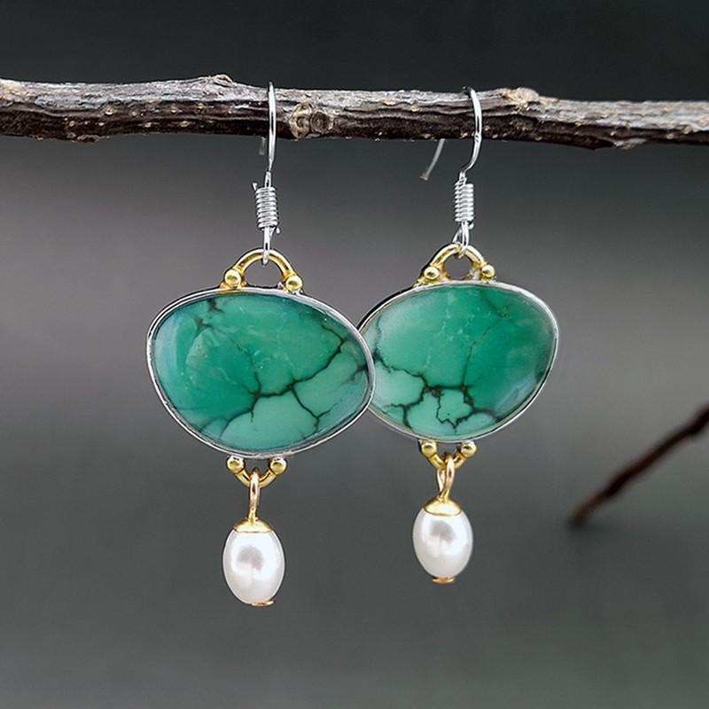 ピアス レディース ターコイズ 淡水パール オーバル ドロップ 揺れる レトロ 個性的 おしゃれ エレガン..