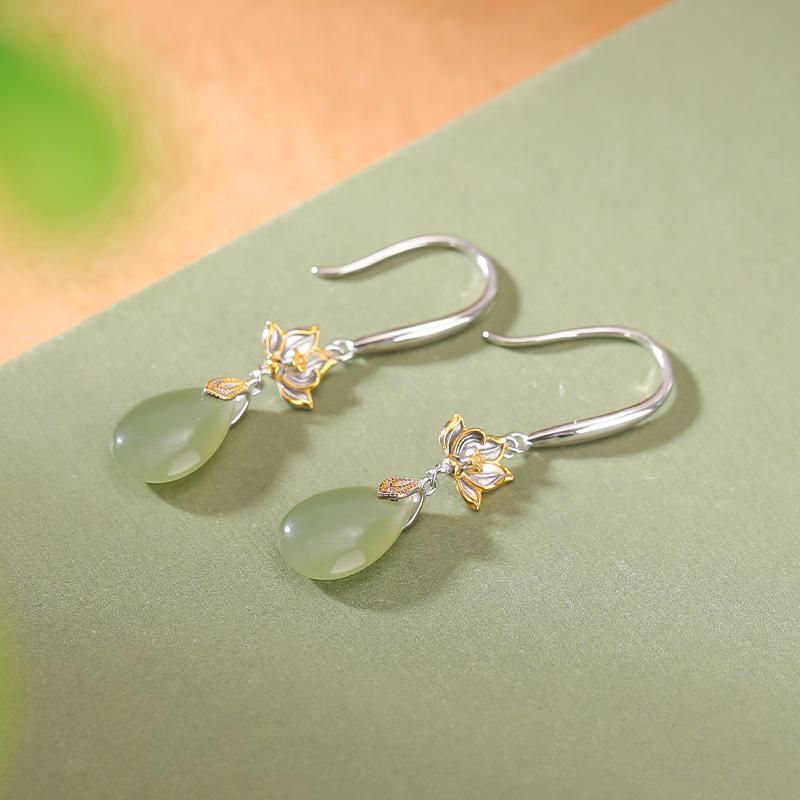 ピアス レディース シルバー925 ゴールドメッキ 和田玉 青玉 天然石 エスニック 新チャイナ風 レトロ ..