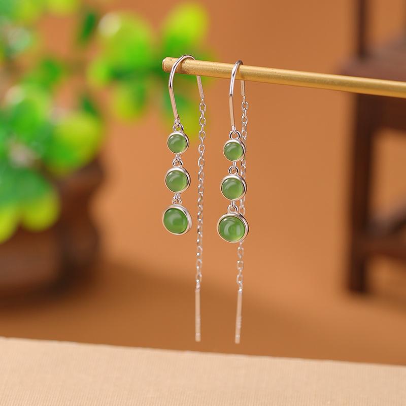 ピアス レディース S925純銀 和田玉 碧玉 円形 フリンジ タッセル ロング アメリカンピアス 揺れる 小..