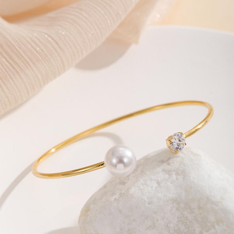 뱅글 구리제 지르코니아 펄 라운드 사이즈 조정 가능 개성적 고급감 라이트 럭셔리 골드 실버 전기 도금 가공 봄 여름 오피스 통근 세련된 패션 팔찌