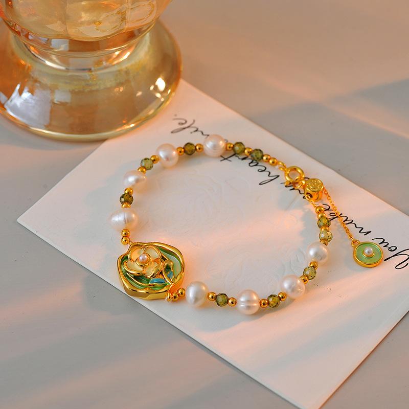 ブレスレット レディース フレンチレトロ 油絵風 ローズ 薔薇 花モチーフ パール パール チェーン 銅製..