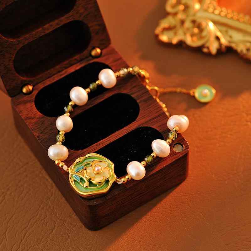 ブレスレット レディース フレンチレトロ 油絵風 ローズ 天然淡水パール ハンドメイド 花モチーフ 18K..