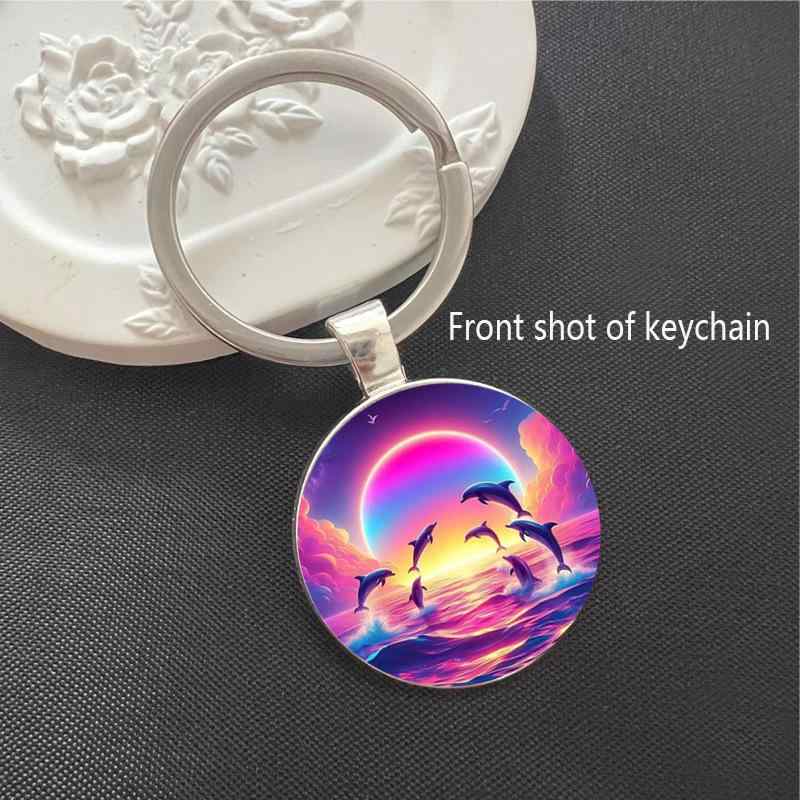 キーホルダー かわいい ピンクサンセット イルカ マリンデザイン ガラス ペンダント シルバー 普段使い..