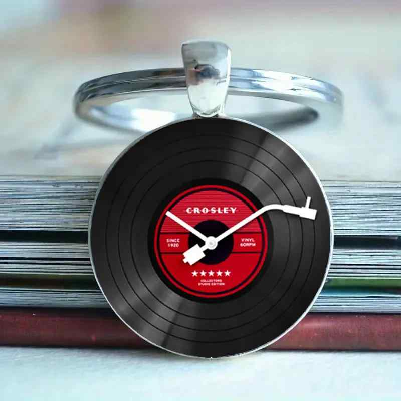 キーホルダー レコード柄 丸型 おしゃれ ファッション シンプル カジュアル バッグチャーム キーリング ガラス 亜鉛合金製 シルバーカラー アクセサリー 小物 雑貨(x2)