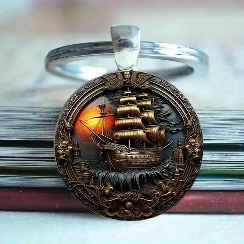 キーホルダー キーリング キーチャーム 円形 ガラス ペンダント ジンク合金 夕暮れ 船 モチーフ おしゃれ ユニセックス 普段使い バッグチャーム モダンアート風 丸型 アクセサリー
