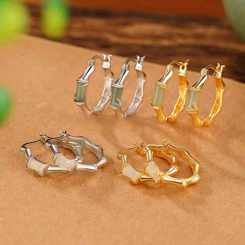 ピアス イヤークリップ レディース S925 スターリングシルバー ゴールドメッキ 和田玉 青玉 白玉 竹モチーフ フープ オリエンタル レトロ 上品 エレガント 普段使い 秋