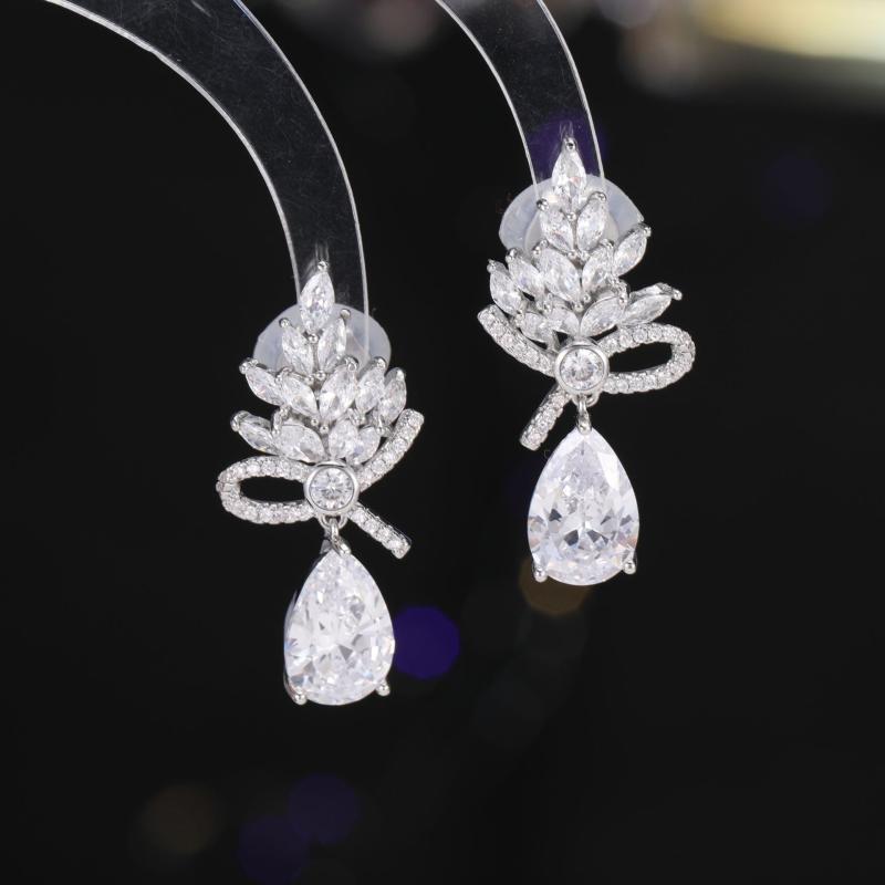 ピアス イヤリング レディース 高級感 微細埋め込み ジルコニア 麦穂 水滴 ドロップ モチーフ ノンホール 上品 シンプル 個性的 ブライダル ウェディング パーティー フォーマル 通勤 オフィス デイリー 銅製 シルバー(4)