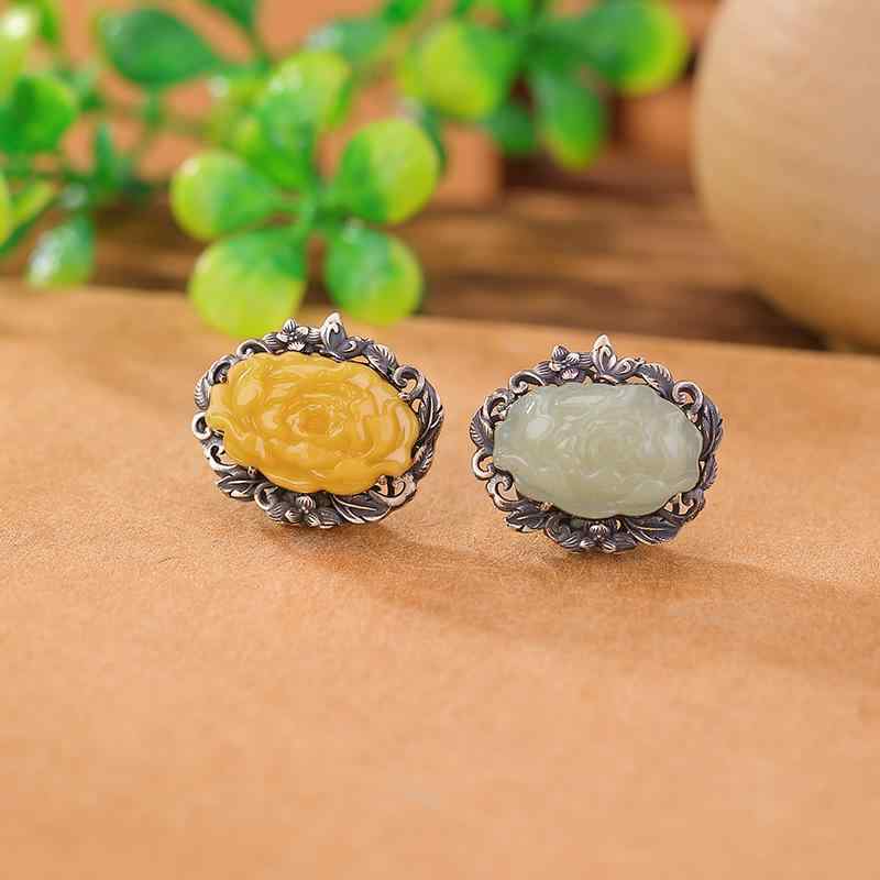 DIYパーツ S925純銀 和田玉 琥珀 新中華風 モダンチャイニーズ レトロ ヴィンテージ アンティーク加工 牡丹 花彫刻 手作り ハンドメイド用(x2)