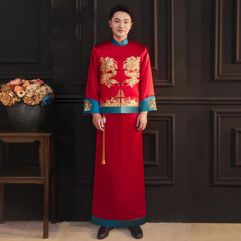 礼服 メンズ 男性用 秀禾服 新郎衣装 チャイナ風礼服 中華風伝統衣装 レッド 赤色 結婚式 ウェディング 挙式 披露宴 二次会 サテン ポリエステル 刺繍