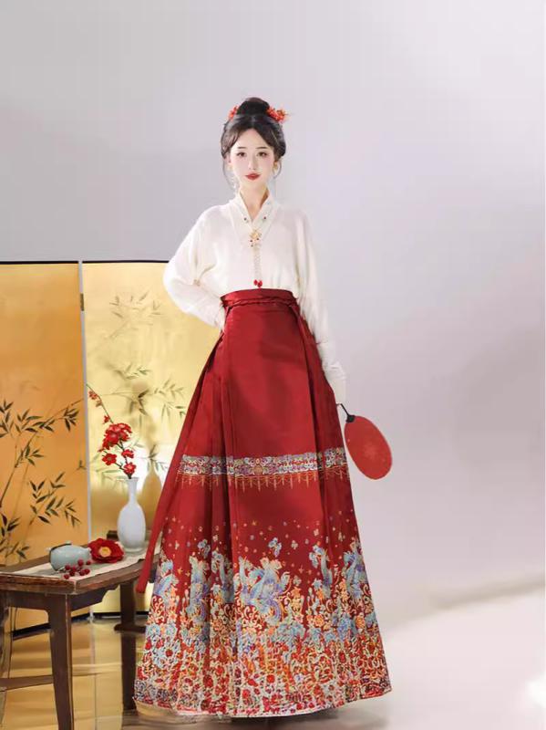 漢服 レディース チャイナドレス 明制 馬面裙 スカート セットアップ 交領 ネオチャイニーズ 中国風 モダン エレガント 普段着 通勤 着回し 秋冬 ポリエステル スパンデックス 再生繊維 刺繡