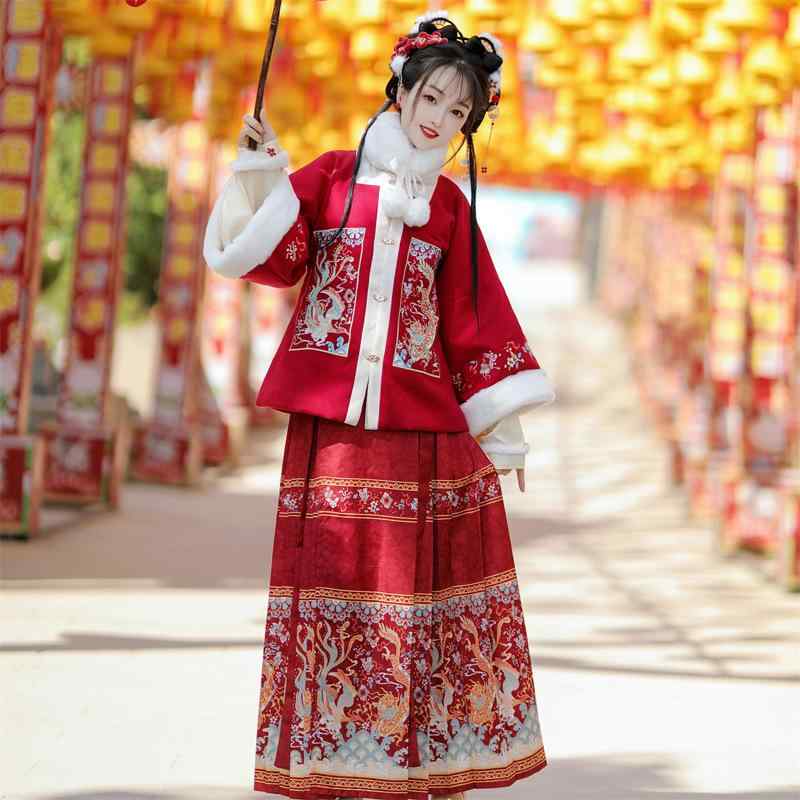 漢服 レディース 明朝スタイル 馬面スカート セットアップ 龍鳳柄 秋冬 厚手 暖かい 防寒 ウール混 辰年 新年 お祝い 赤 ベージュ
