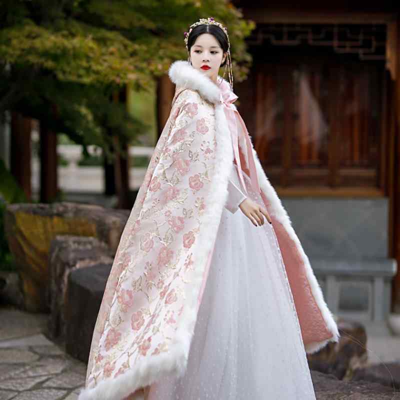 漢服 レディース ケープ マント ポンチョ 厚手 保温 防寒 暖かい レトロ エレガント 華やか ピンク ロ..