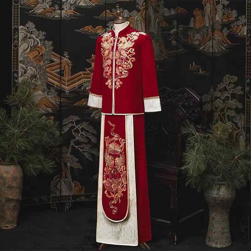 中華風礼服 メンズ 男性用 新郎 結婚式 披露宴 中国婚礼衣装 龍鳳褂 ロングガウン ベロア ポリエステル..