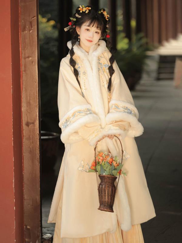 漢服 レディース オリジナル 宋制スタイル 対襟 フード付き 裏起毛 厚手 長褙子 プリーツスカート 普段使い 民族衣装 ポリエステル 刺繡 幾何学模様 立体柄 秋冬