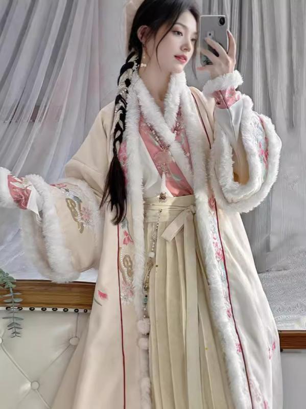 漢服 女性用 秋冬 宋風 裏起毛 厚手 刺繡 対襟 交領 ロングジャケット プリーツスカート ハイウエスト 普段使い 伝統衣装 防寒 カジュアル ポリエステル