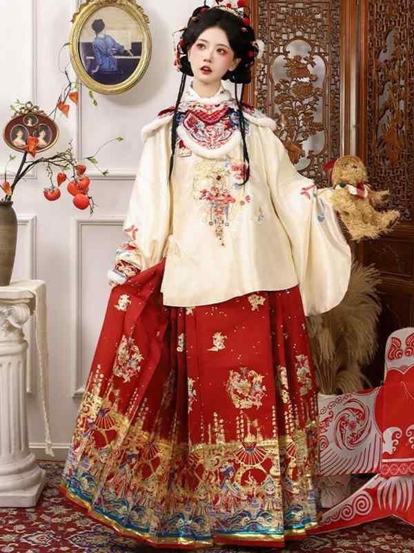 漢服 レディース 明朝様式 新年 晴れ着 祝宴服 刺繡 ポンチョ ケープ お正月服 織金 馬面スカート ポリエステル セットアップ 秋冬