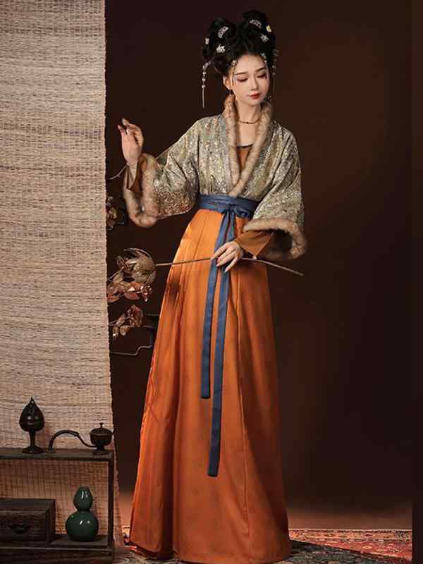 漢服 セットアップ レディース 唐風 中華風 復刻デザイン 褙子 羽織り 垂れ襟 ブラウス トップス ウエスト切り替え プリーツスカート ロングスカート 宋錦風 ポリエステル 幾何学模様 秋冬 イベント コスプレ 普段使い