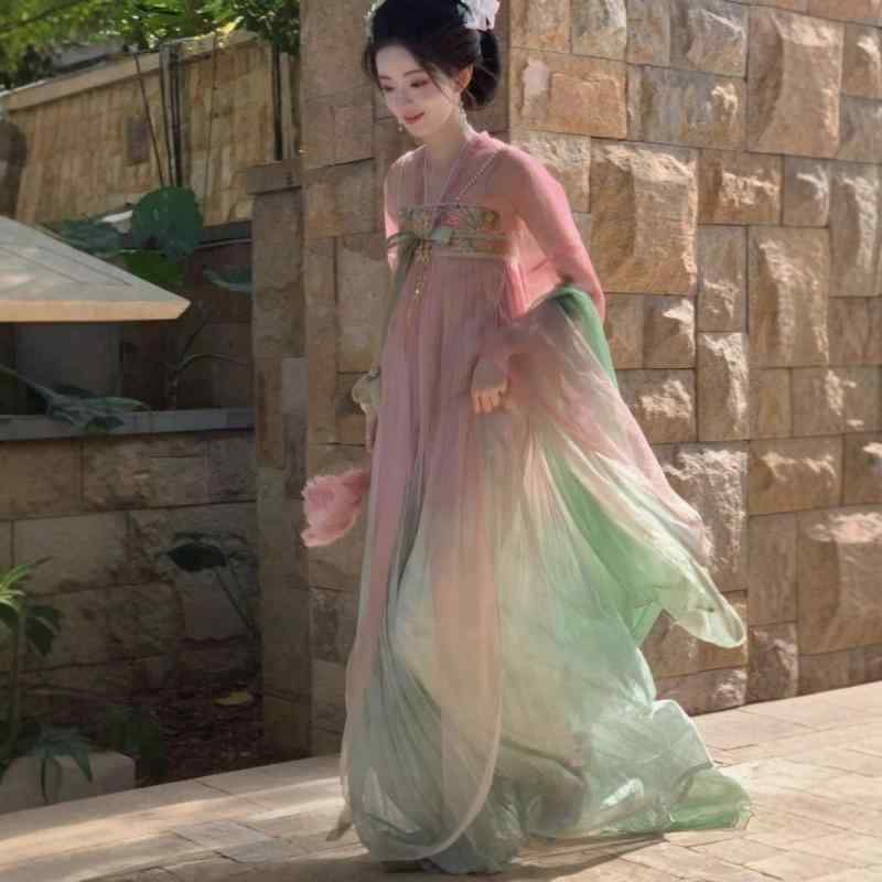 漢服 レディース オリジナル 改良 中国伝統衣装 南北朝 唐代デザイン 普段使い 日常着 対襟 齊胸 訶子スカート ロングワンピース ポリエステル素材 切り替え 立体柄 パフスリーブ 春夏 グリーン ピンク オレンジ