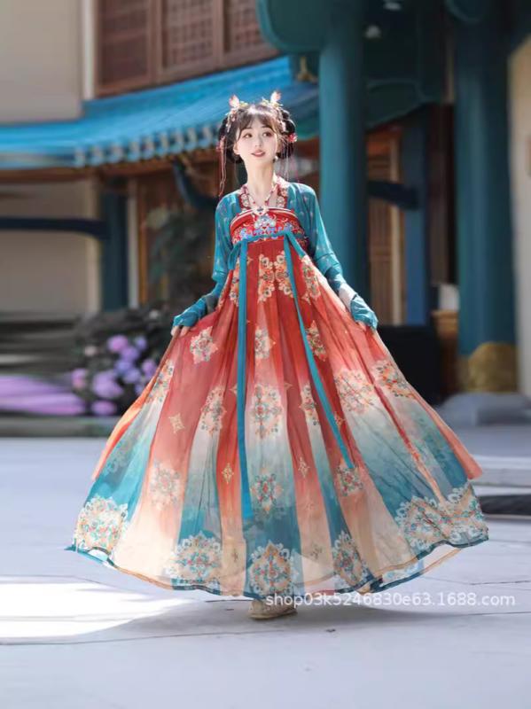 漢服 レディース 唐装 唐制 斉胸 襦裙 刺繍 復元風 ハイウエスト トップス スカート セットアップ 仙女風 エレガント 上品 普段使い オールシーズン ポリエステル