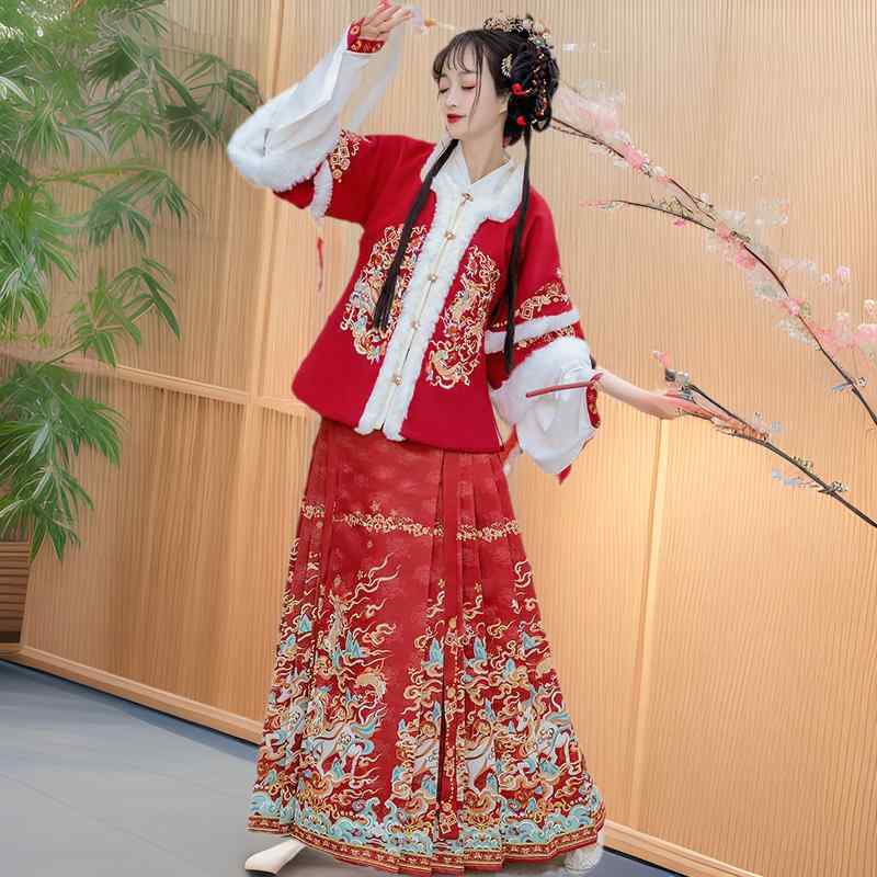 漢服 レディース 女性用 明代 襖裙 馬面裙 改良型 厚手 お正月服 時代衣装 秋冬 綿 ポリエステル 広袖 ..