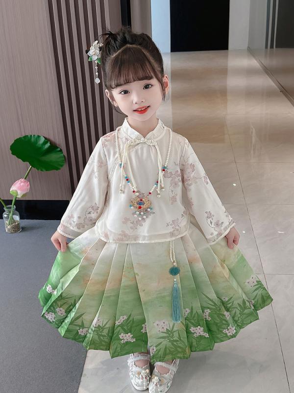 唐装 女の子 中国風 長袖 馬面スカート セットアップ 緑 花柄 リボン 綿混紡 アセテート繊維 春秋 イベント 発表会 舞台衣装 プリンセス キッズ ロングスカート アンサンブル
