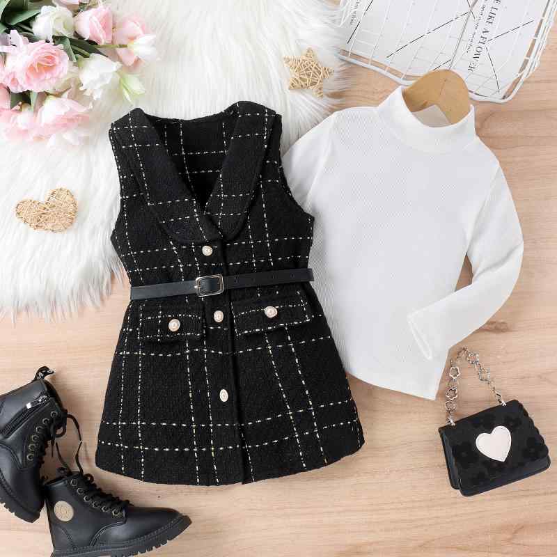 キッズ 女の子 ガールズ セットアップ 秋冬 タートルネック リブトップス 上下セット チェック柄 ツイードワンピース 2点セット お出かけ 普段使い 通園着 おしゃれ かわいい ブラック