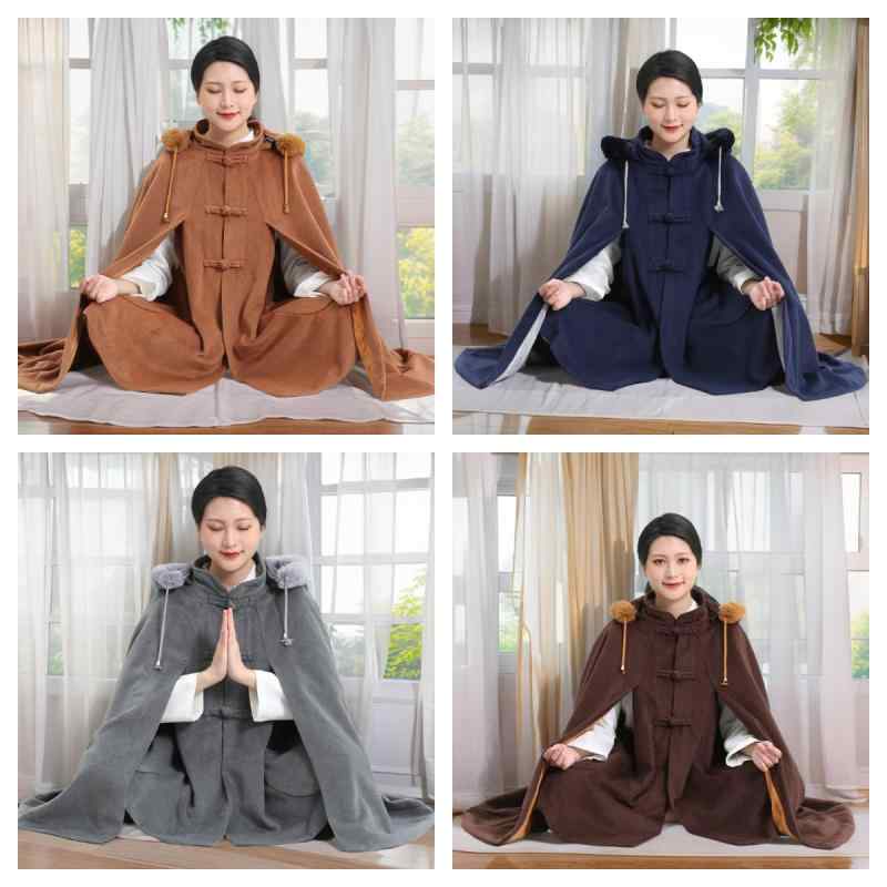 マント 秋冬 男女兼用 禅修着 瞑想用 二重 裏起毛 フリース 厚手 保温 防寒 ポリエステル ウールライク..