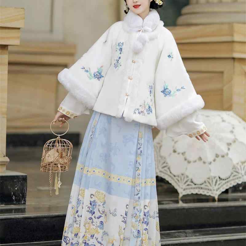 漢服 レディース 明朝様式 馬面ロングスカート セットアップ 上下セット 中国伝統衣装 カジュアル 普段着 イベント 春夏 Aライン TR素材 ホワイト ブルー