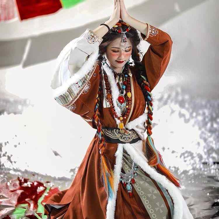 漢服 レディース 女性用 改良 オリジナル 中国伝統 チベット風 民族衣装 矢筒袖 褙子 上着 百迭スカー..