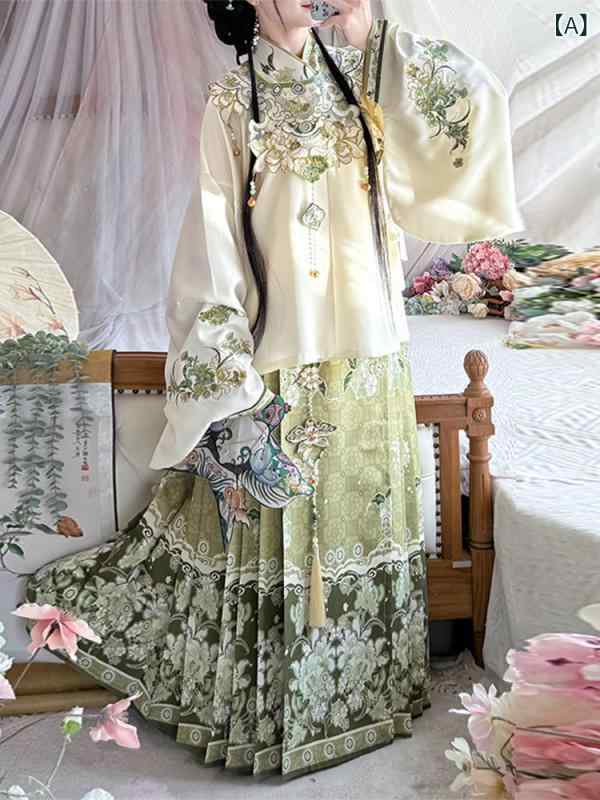 漢服 レディース 襦裙 明代様式 交領 豪華刺繍 雲肩 馬面スカート エレガント 上品 伝統衣装 イベント コスプレ 写真撮影 セットアップ 秋冬