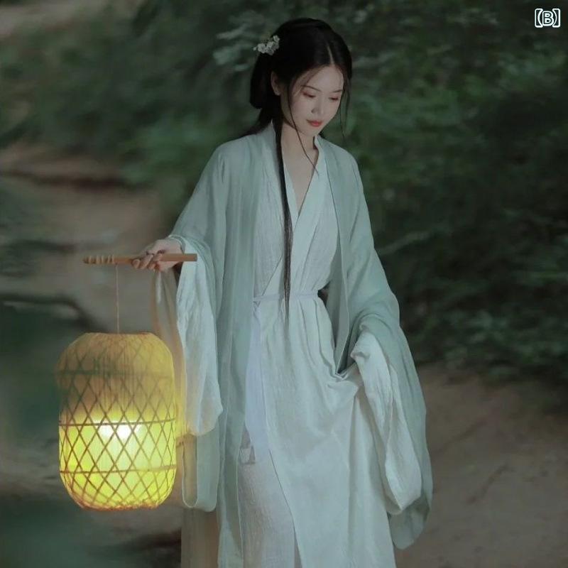 漢服 レディース 女性用 魏晋時代 古典 中国伝統衣装 コスチューム 舞台 イベント衣装 清涼感 オリジナルデザイン 仙女風 エレガント 優雅 飄逸感 直裾 広袖 ロングドレス マキシ丈 Aライン ワンピース 綿 コットン 青 ブルー グリーン