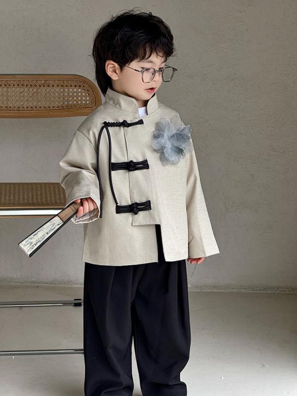 唐装 男の子 ボーイズ 子供服 キッズ 漢服 中国風 中式 スタンドカラー 立ち襟 トップス 上下セット ポリエステル 柔らかな肌触り オールシーズン お祝い 発表会 イベント 普段着 フォーマル カジュアル 舞台衣装