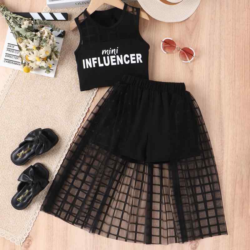 キッズ 女の子 ロゴプリント タンクトップ ショートパンツ セットアップ チェック柄 チュールスカート見え 切り替え コットン カジュアル 欧米風 おしゃれ 春夏