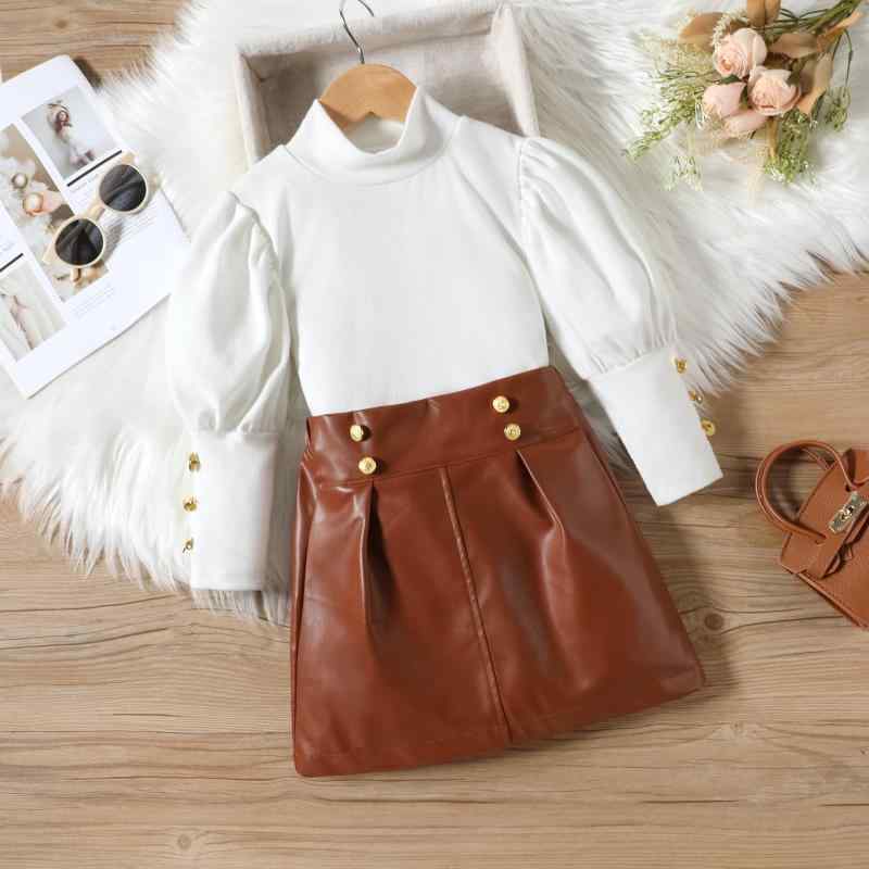 セットアップ 女の子 キッズ 子供服 ハイネック パフスリーブ 長袖 ボタン トップス PUレザー ショート丈 スカート 秋冬 ブラック ブラウン トレンド カジュアル 普段使い お出かけ